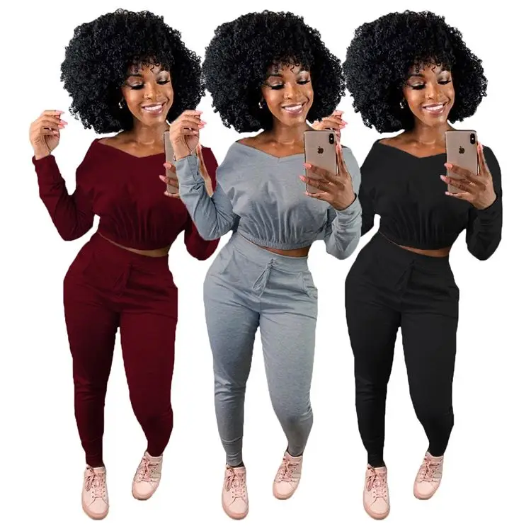 

Fashion Sexy Lady Outfits Solid V Neck Crop Tops Home Wear Cozy Fall Women Clothing Two Piece Set, Picture