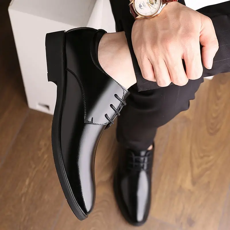 

Laces Casual Mens Dress Shoes Low Heel Luxury Made in China Wholesale Genuine Leather Black Microfiber Leather Shoe Box, Optional