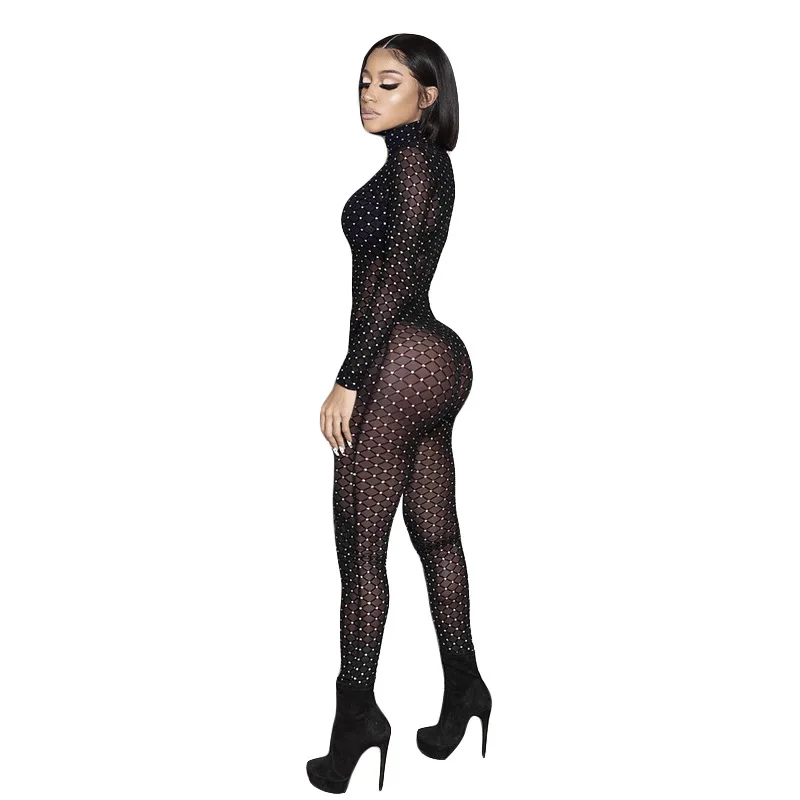 

2021 Long Sleeve Turtleneck Sequin Mesh Zip Up Sexy Skinny Jumpsuit Autumn Winter Women Streetwear Casual Romper