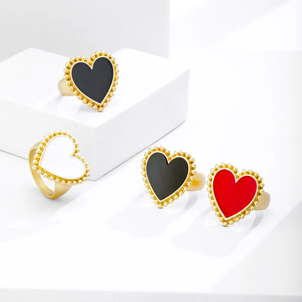 

Hot Sale Micro Pave Pearl Heart Dripping Oil Ring For Women Delicate Colorful Heart Shape Finger Ring