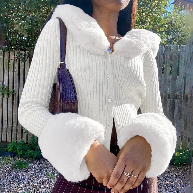 

2020 new arrivals autumn collection women new fashion long sleeve fur collar sweater cardigan for ladies