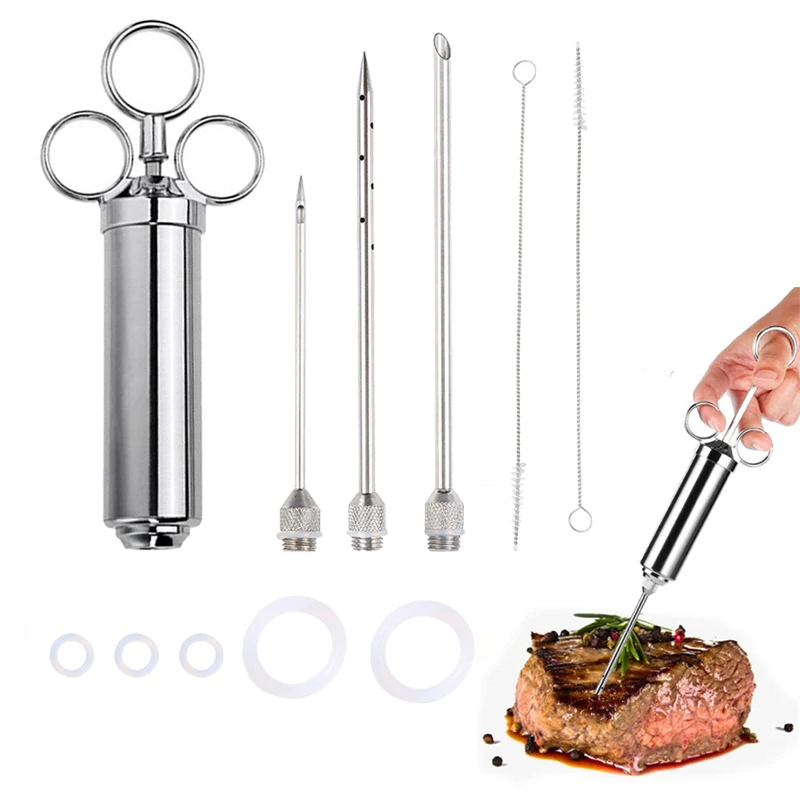 

2 Oz Stainless Steel BBQ Seasoning Turkey Meat Syringe With 3 Needles Chicken Marinade Injector Set, Style1,style2