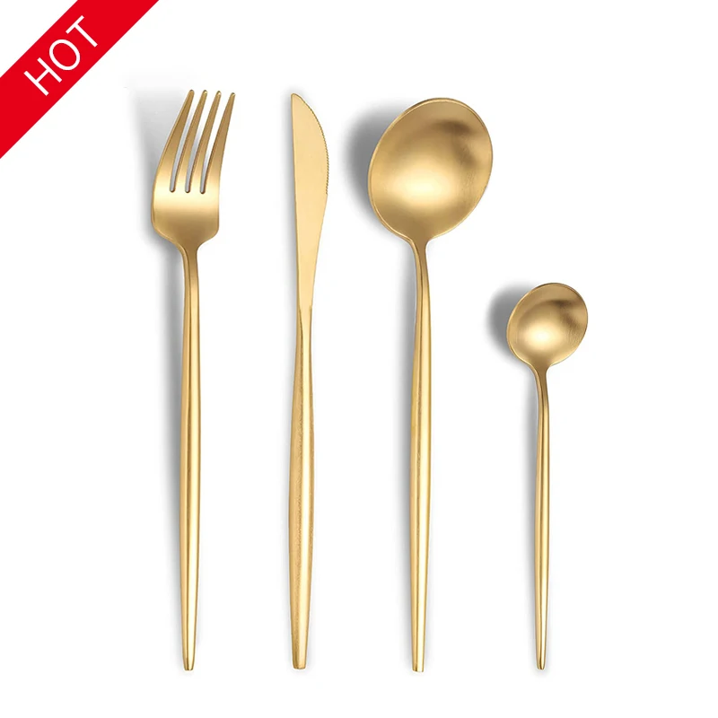 

Nordic commercial stainless steel portuguese cutlery flatware matte gold colored silverware spoon fork set dinner knife