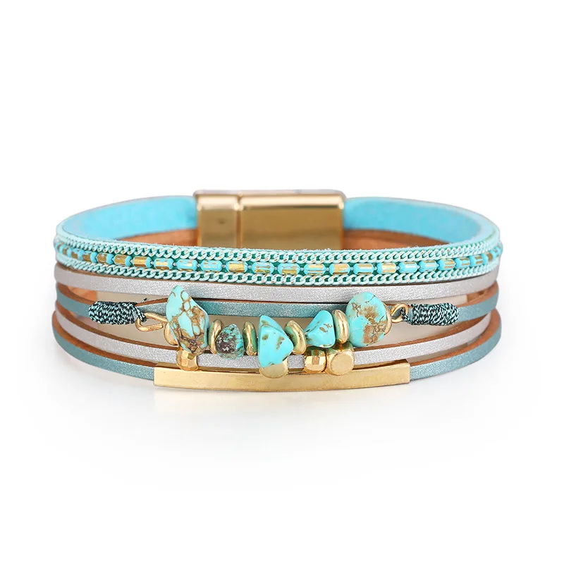 

Wholesale Turquoise Vintage Wide Multiple Layers Charms Bangle Stone Bracelet For Women Gifts