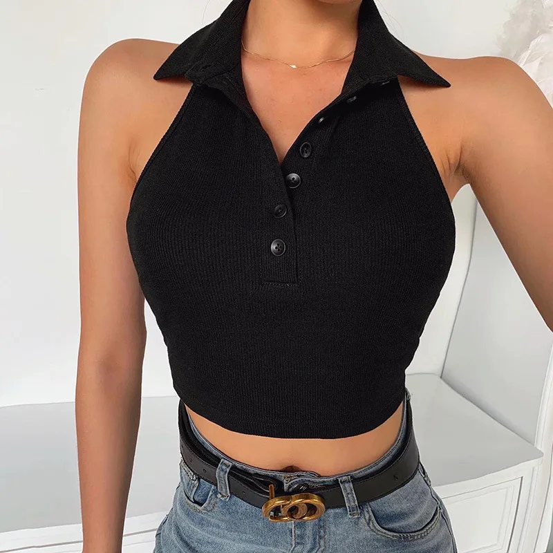 

Sexy Women crop Top Fashion Rib Knit Polo Crop Top For Women