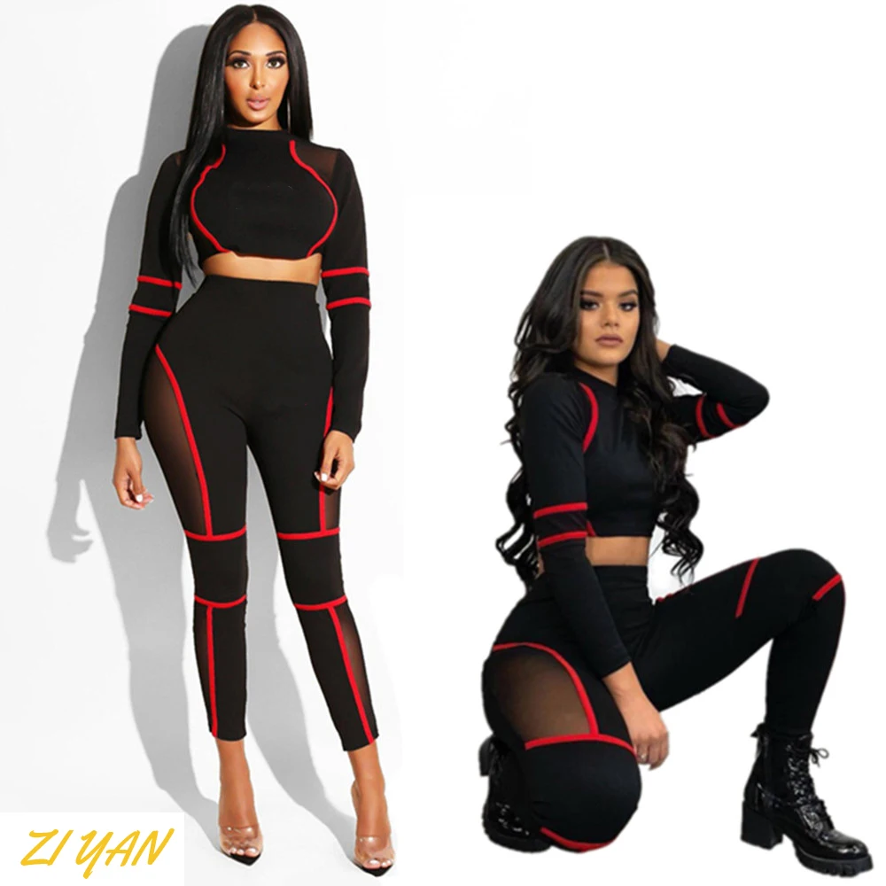 

Yoga sets Fitness women See Through Mesh Custom Logo Gym Tracksuit 2 Piece Striped Gym fitness Set