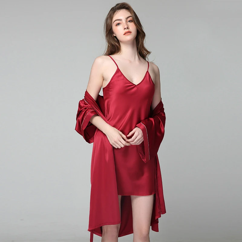 

JULY'S SONG Women's Wedding Robe Sexy Strapped Sling Dress Solid Embroidery Bride Robe 2 Piece Faux Silk Satin Customizable Robe, White;burgundy;navy blue;green;pink