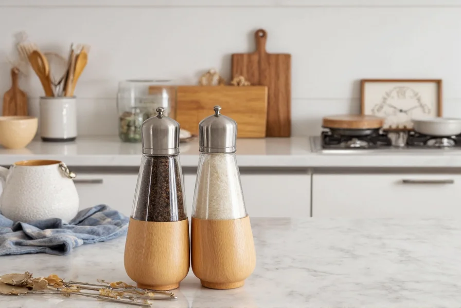 Salt and pepper set displayed on kitchen counter alongside matching utensils and decor elements