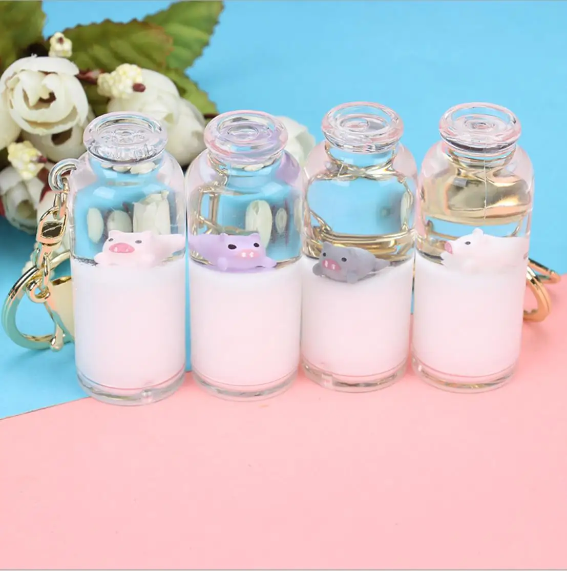 

Cute Pig in Milk Bottle Keychain Fashion Key Ring 3D Key Chain Charm Key Holder, Colorful