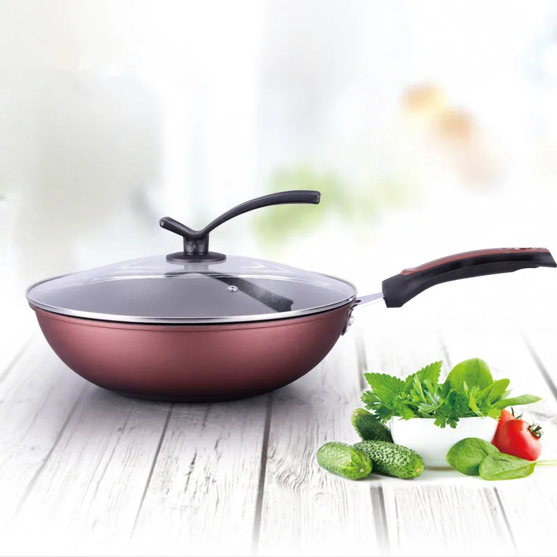 

Amazon Hot 32/34cm Korean Metal Party Home No Oily Smoke and No Coating Non Stick Cast Iron Wok Wok with Tempered Glass Lid