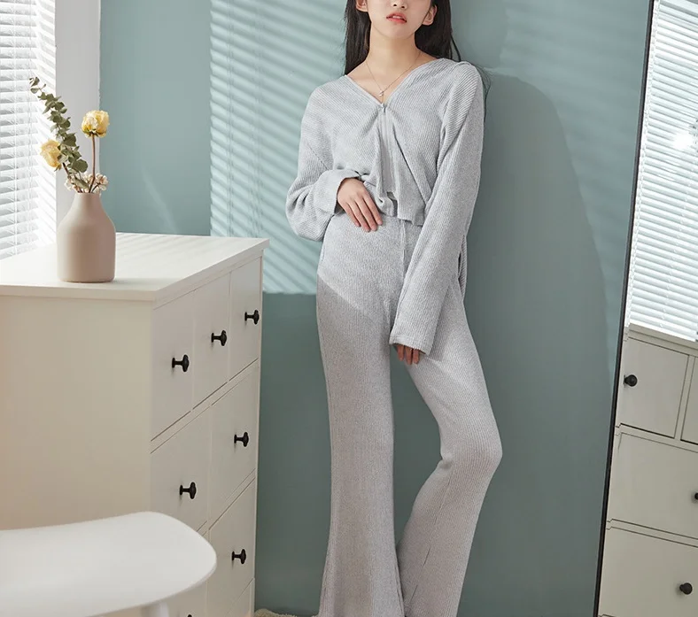 

Fashion Women Rib Knit Sleepwear Long Sleeves Outfit Knitted set Loungewear pajamas, Silver,salmon pink