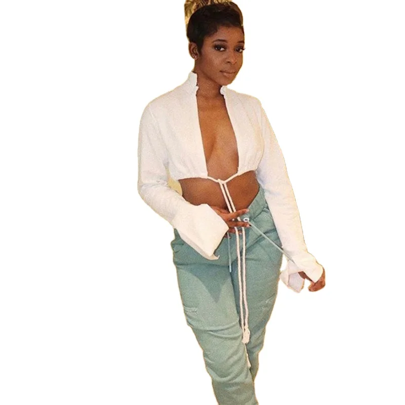 

2021 Spring Hot Sale Streetwear Casual Top Long Sleevel Sexy Bandage Cardigan T-shirt Crop Top Women Nightclub Party Tops, Picture color