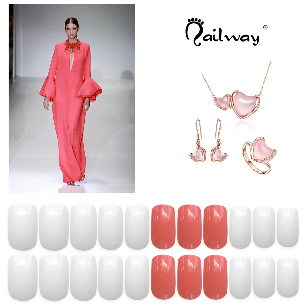 

Factory Pure Color Finger Nails Pink White Pre-glued Custom Press On Nails Decorated Artificial Nail Tips, Pink and white