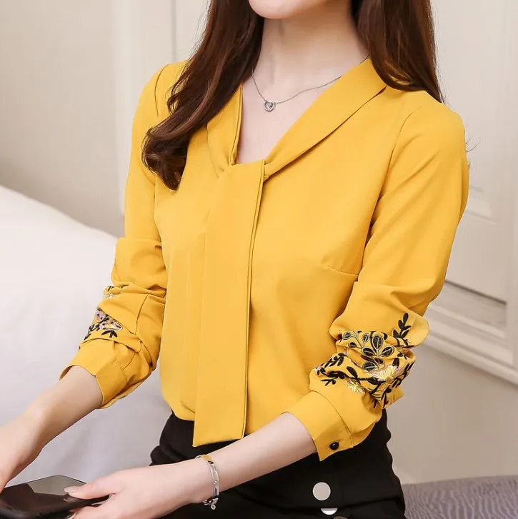 

hb10272a new embroidered v-neck chiffon blouse ribbon long sleeve slim long sleeve shirt, Picture
