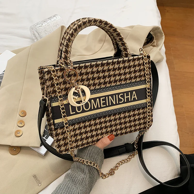 

Women's Messenger Bag New 2020 Fashion Woolen Chain Houndstooth Shoulder Bag Famous Brands Small Square Handbag Bolsa feminina