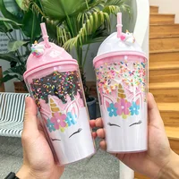 

Seaygift wholesale couples gifts cup double wall 3d unicorn ice cream shape plastic drinking coffee mug with straw