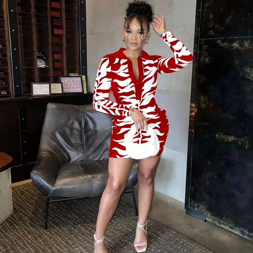 

Sexy Printing Long Sleeve V Neck Turn-down Collar Bodycon Mini Dress For Women, 8colors