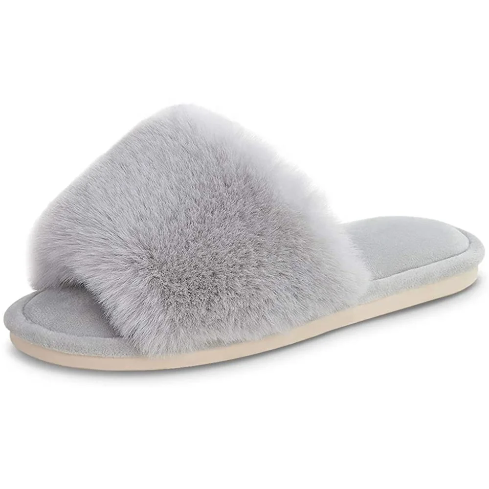 

Women's Faux Fur Slippers Fuzzy Flat Spa Fluffy Open Toe House Shoes Indoor Outdoor Slip on Memory Foam Slide Sandals