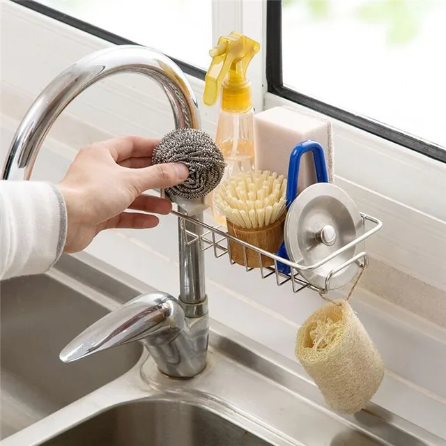 

New Kitchen Faucet Household Stainless Steel Perforated Rag Sponge Brush Drainsink Storage, As pictures