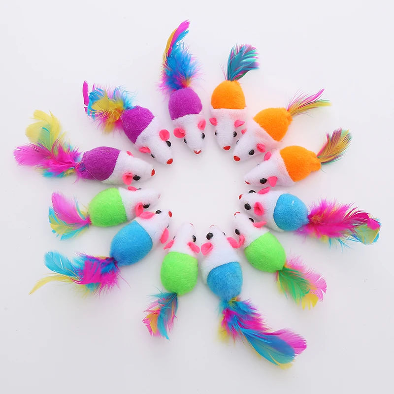 

colorful squeaky plush mouse with feather tail cat toy pet products wholesale in stock fast delivery, Assorted