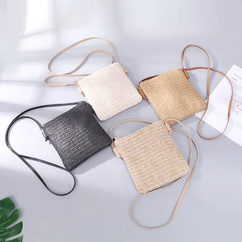 

2022 Straw Cosmetic Bag Straw Purse Zipper Crossbody Bag Beauty Pouch Bohemian Summer Beach Phone Bag Plain Travel Handbag