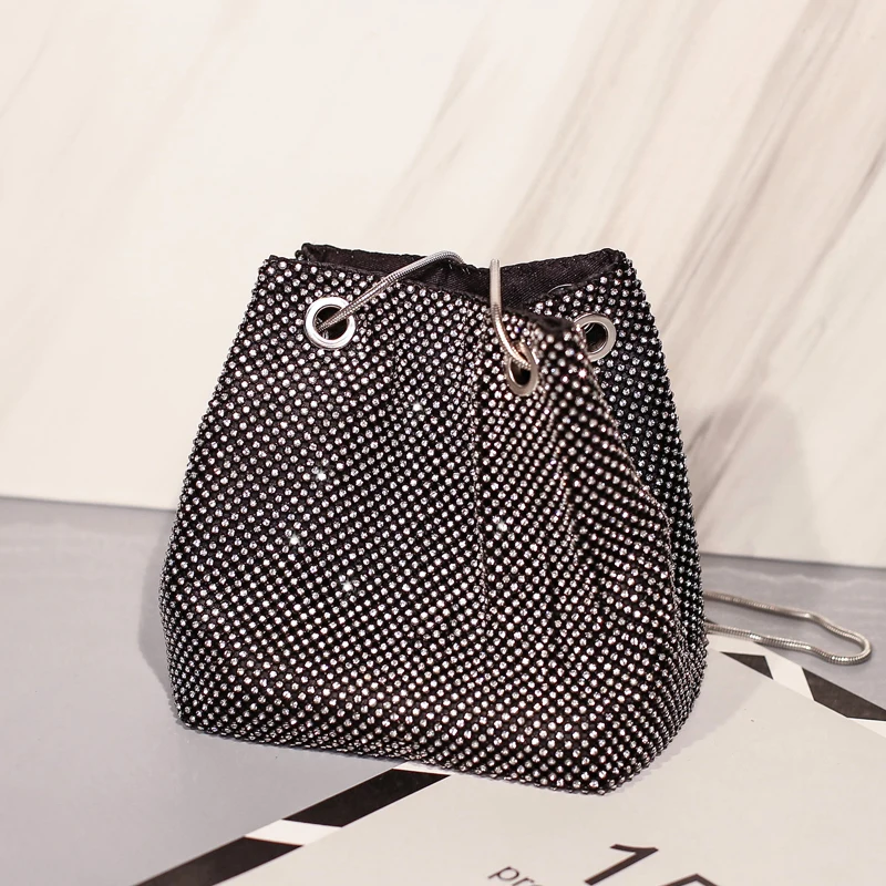 

High quality fashion bright diamond black bucket bag for women, Black/silver/golden/oem