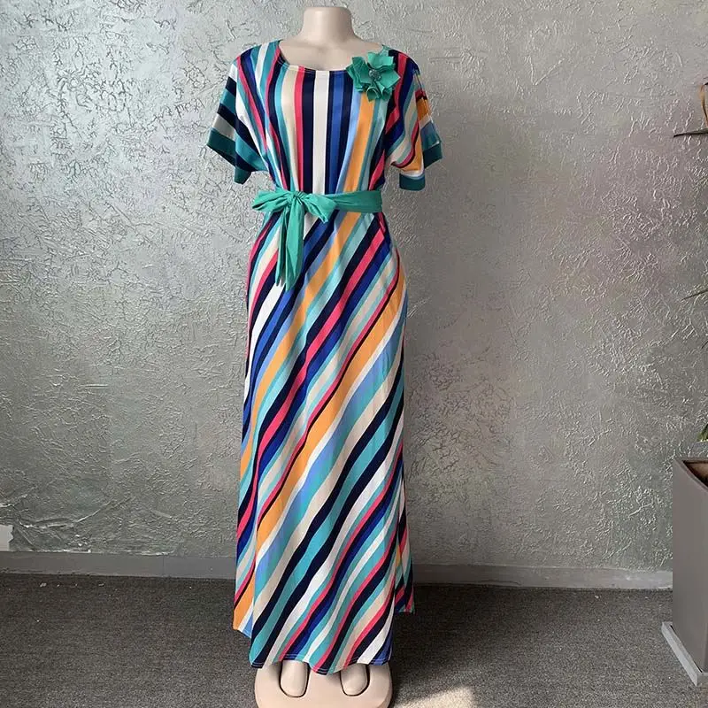 

Color blending new fashion casual women short sleeve long dresses women summer with stripe, One color