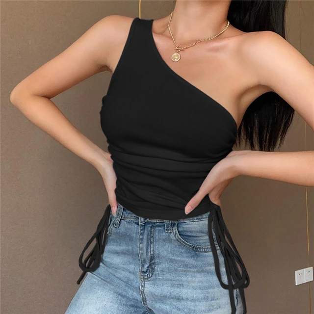 

New Solid Color Slim Top Sexy Asymmetrical Neck Open Back Drawstring Camisole, Picture color