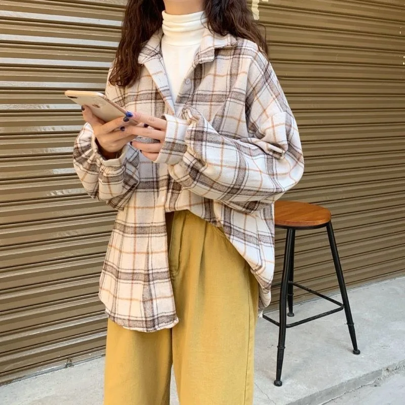 

Women Blouses Turn-down Collar Spring Shirts Plaid All-match BF Batwing-sleeve Loose Outwear Harajuku Female 4 Colors J0358-1
