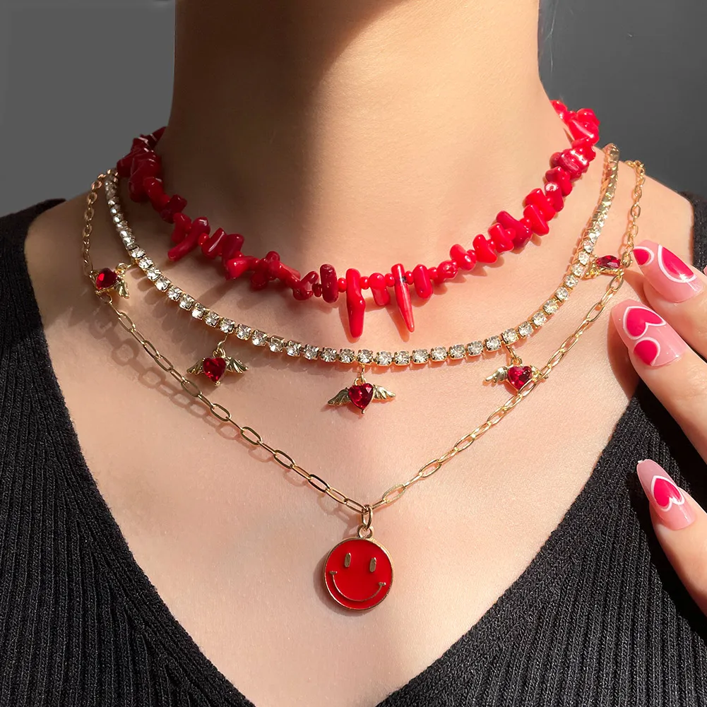 

New Fashion Handmade Full Rhinestone Natural Red Coral Necklace For Women Angel Wings Smile Face Charm Necklace, Gold plated