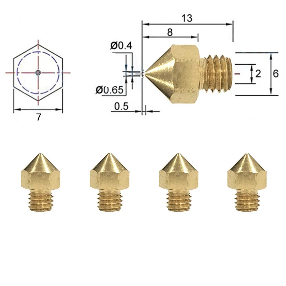 2pcs 3D Printer Brass Extruder J-head Nozzle M6 MK8 0.2/0.3/0.4/0.5mm For 1.75/3 