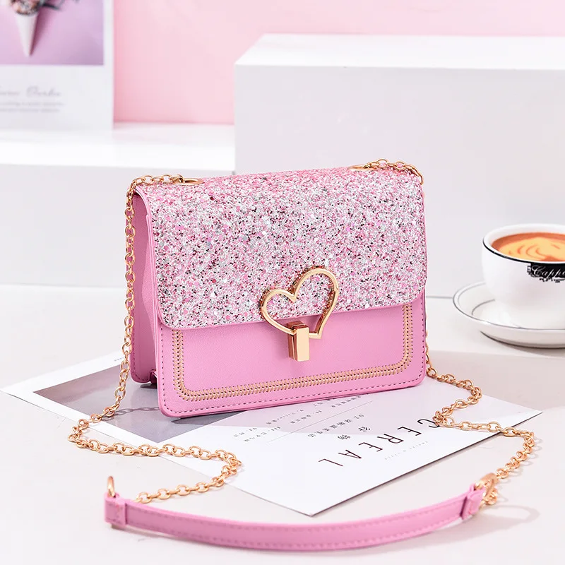 

2020 Fashion square chain ladies shoulder PU leather sequins purses small luxury women crossbody bags handbags for women, 5colors