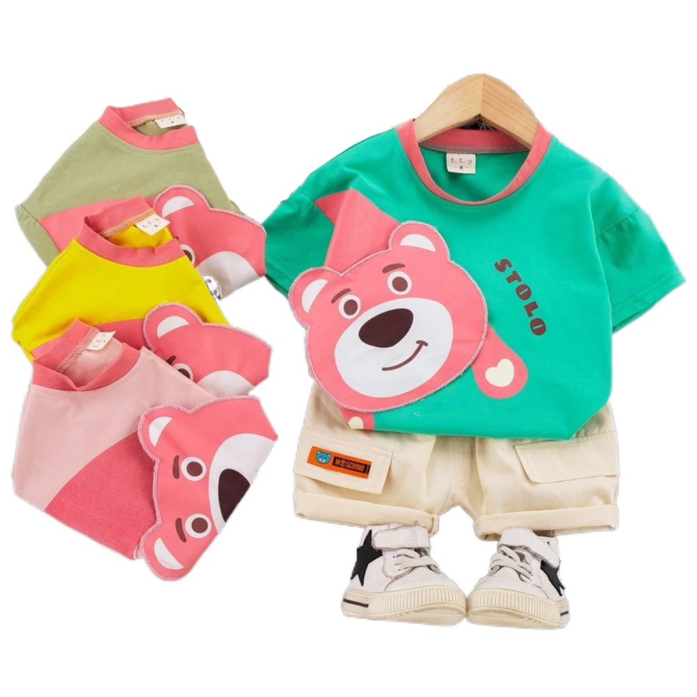

Hot-selling Summer Children's trousers two-piece suit Children's Clothing Sets Baby Boy Clothing Sets 2 T-shirts, Pink,yellow,green,light green