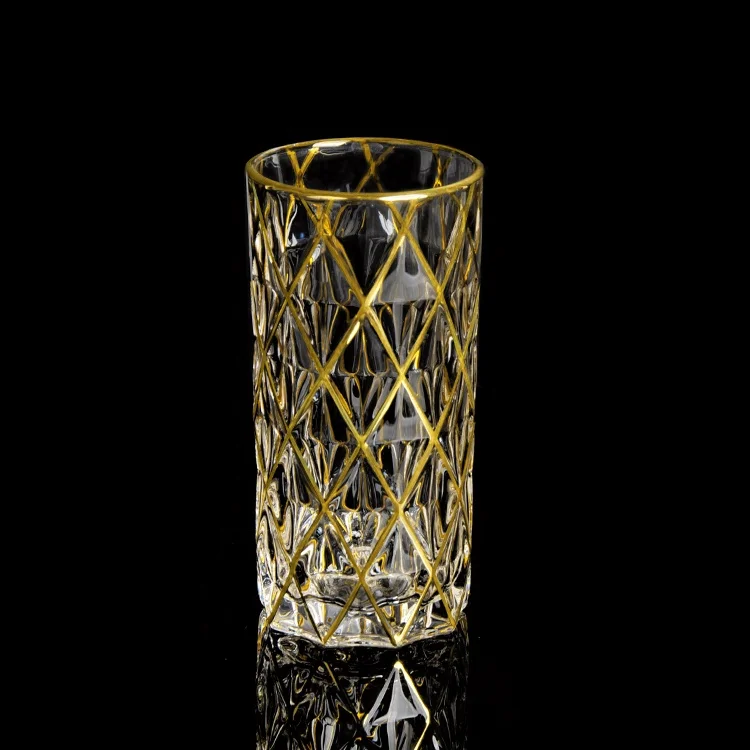 

330ML LUXURY GOLDEN LINE HIGHBALL GLASS DRINKING CUP WITH RHOMBIC DESIGN, Gold