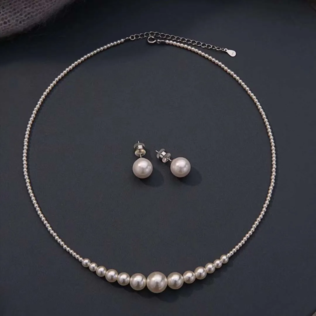 3-10mm Artificial Crystal Pearl S925 Pure Silver Ear Necklace Earring Set for Parties Anniversaries-Smile Jewelry Perfect Gift
