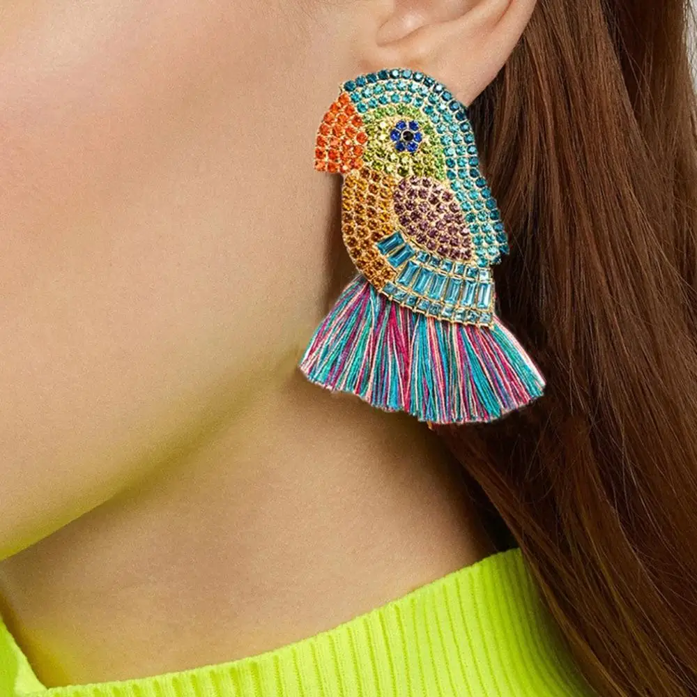 

HANSIDON Bird Shape Big Rhinestone Earrings Alloy Fashion Earrings Silk Thread Drop Dangle Beaded Earrings Women Boho Jewelry, Black, red,multicolor,rose,orange,yellow