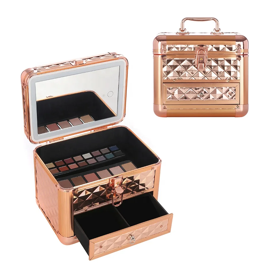 

Luxury Beauty Diamond Lattice Rose Gold Cosmetic Organizer Box Vanity Makeup Train Case with LED Light Mirror