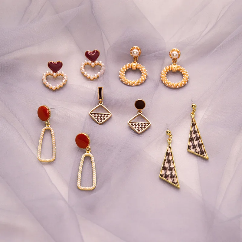 

925 Stainless Steel Pearl Earrings Geometry Heart Round Square Shape Charms Pearl Drop Earrings