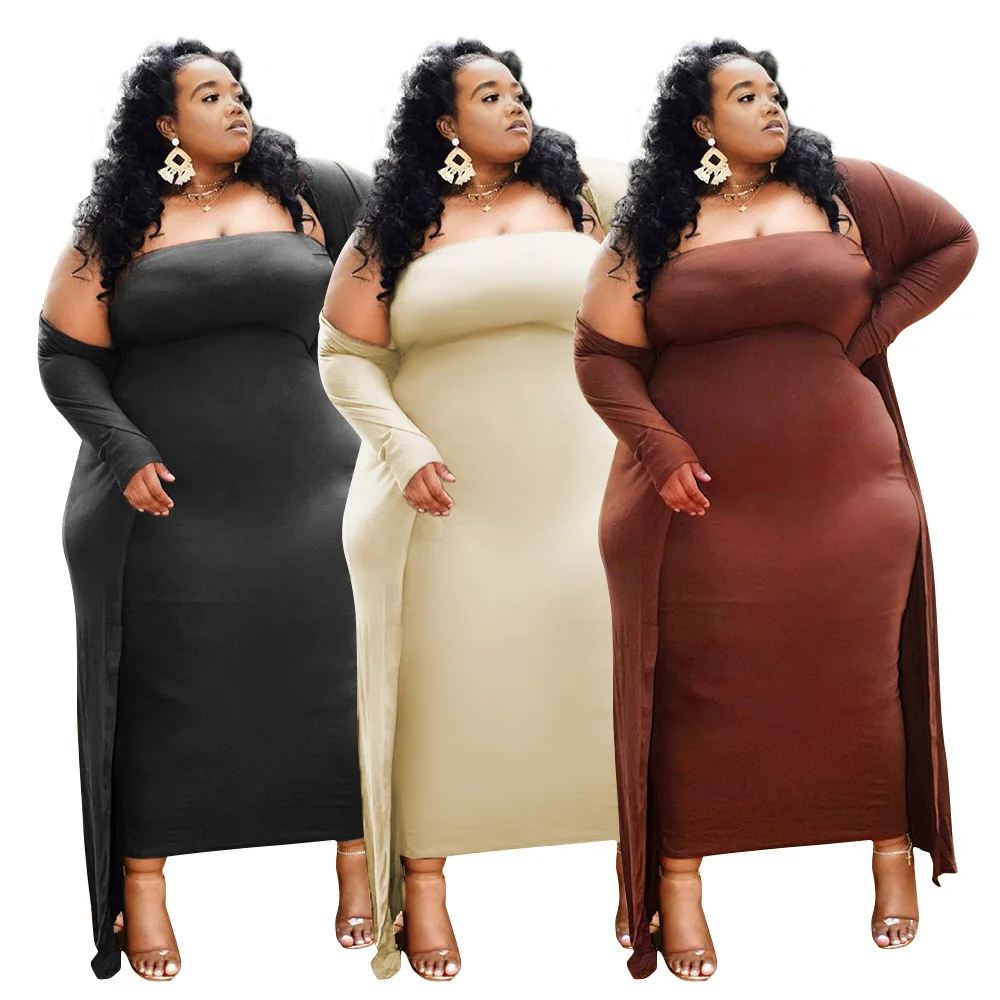 

Wholesal Fall Sexy Two Piece Solid Color Bodycon Maxi Long Dresses Long Sleeve Fat Women Casual Dresses Plus Size Women Clothing, Picture color