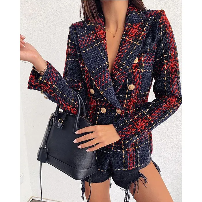 

Custom made women fashion blazer buttons pockets elegant ladies korean formal business blazer women slim fit tweed blazer