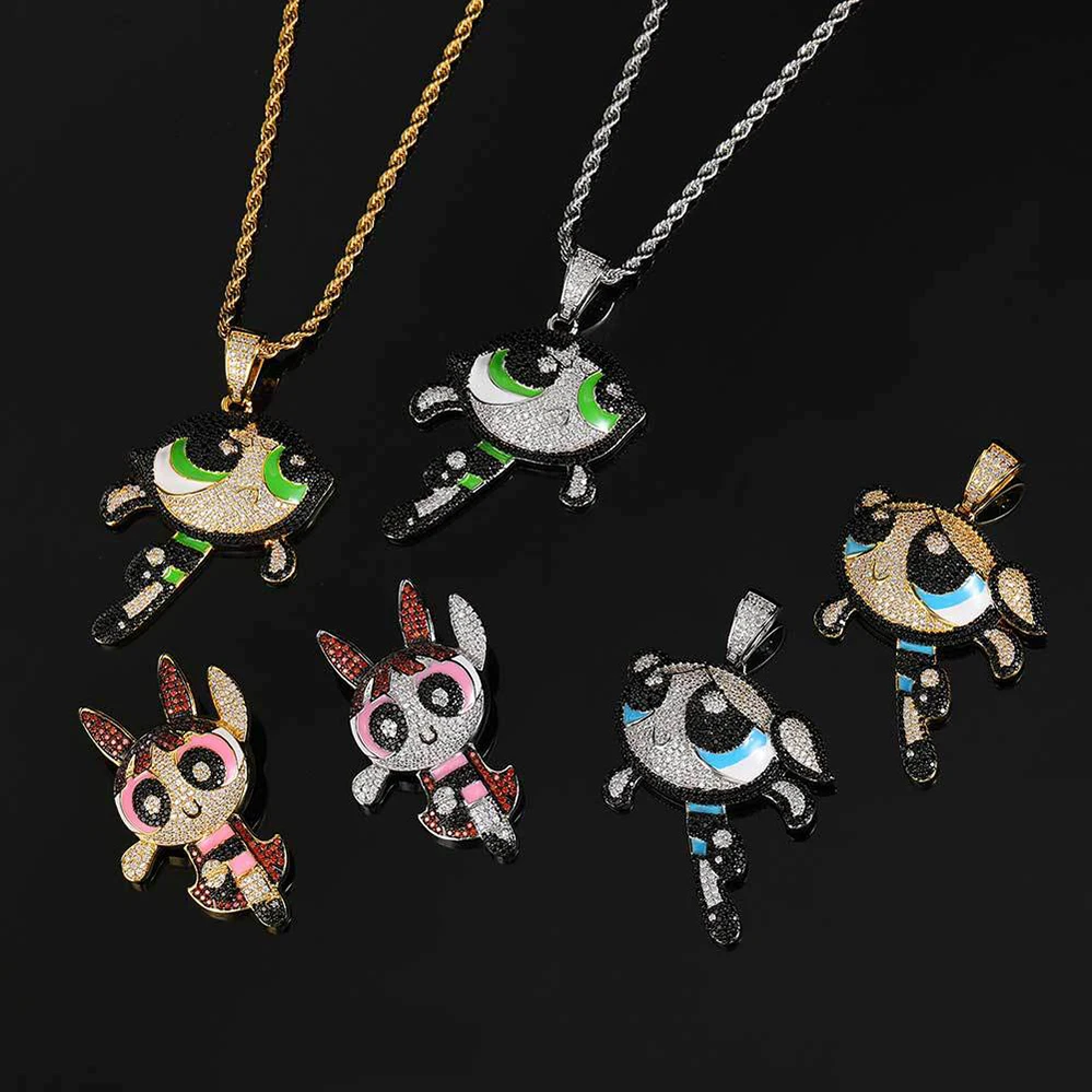 

Wholesale Gold Plated Powerpuff Girls Necklace Micro Pave Bling CZ Hip Hop Charm Cartoon Pendant Jewelry