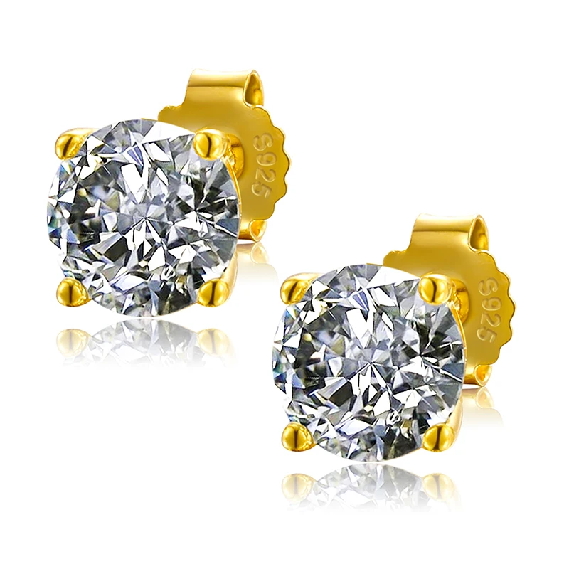 

Drop Shipping 4 Prong Setting CZ Diamond Stud Earrings Gold Plated 925 Sterling Silver Studs Earring For Men, Silver/gold