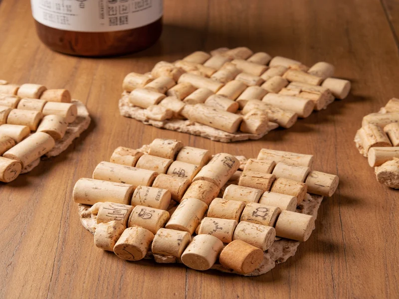 Handmade wine cork coasters arranged on wooden table surface