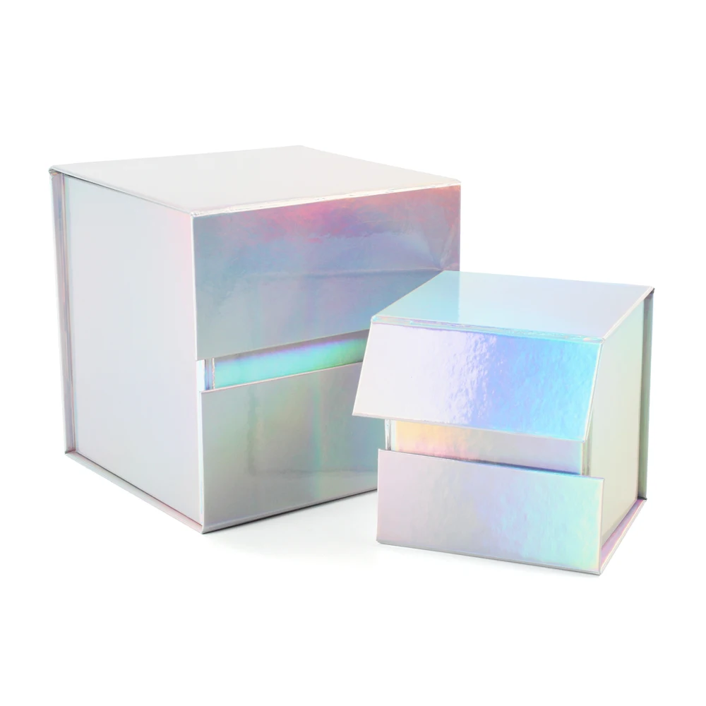 

RTS Rigid Cardboard Gift Shipping Boxes Holographic & Iridescent Foil Shiny Paper Gift Box