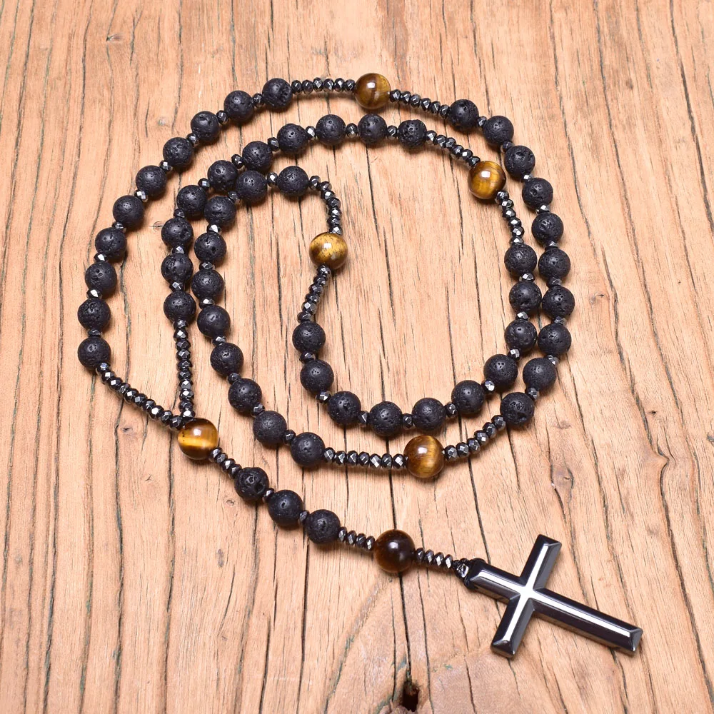 

Vintage Lava Stone Tiger Eye Onyx Hematite Cross Pendant Men Necklace Catholic Christ Rosary Necklaces Meditation Energy Jewelry