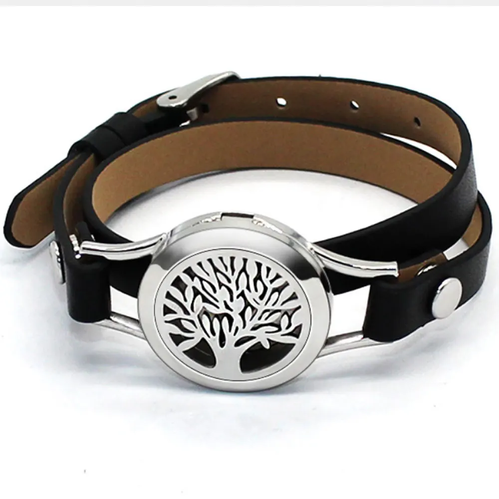 

fashion stainless steel tree of life charm aromatherapy essential oil diffuser locket bracelet pu leather band two layers, Champagne and black