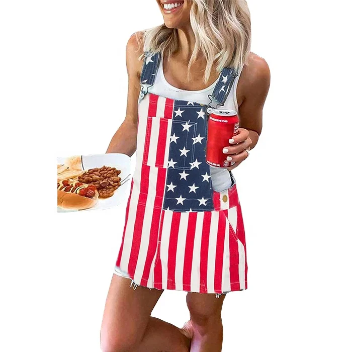 

Free Shipping Hot Sale Women Denim Overall Skirt Women American Flag Denim Suspender Skirt with Pockets, Accept customized color