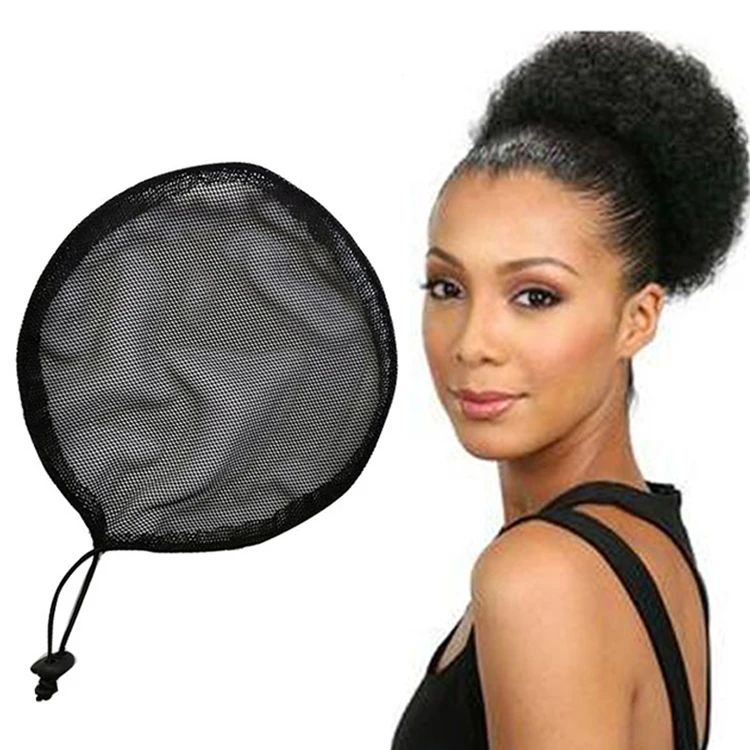 

Wholesale Price Black Color Hair Net Drawstring Ponytail Net For Making Ponytail Hair Extension And Hair Buns, Black and blonde