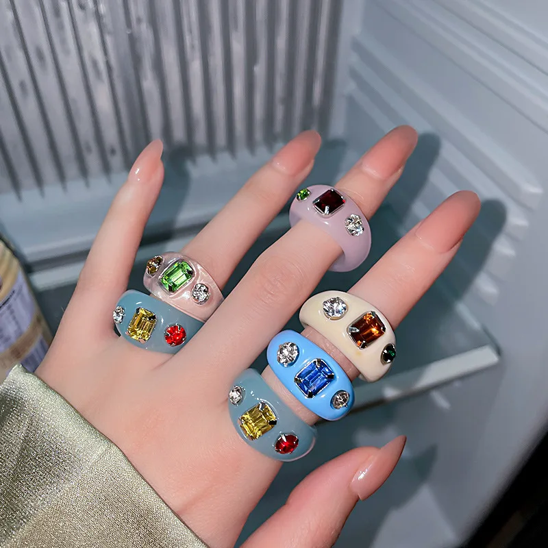 

2021 Fashion Girl Trendy Crystal Pink Resin Rings Acrylic, Gold, steel