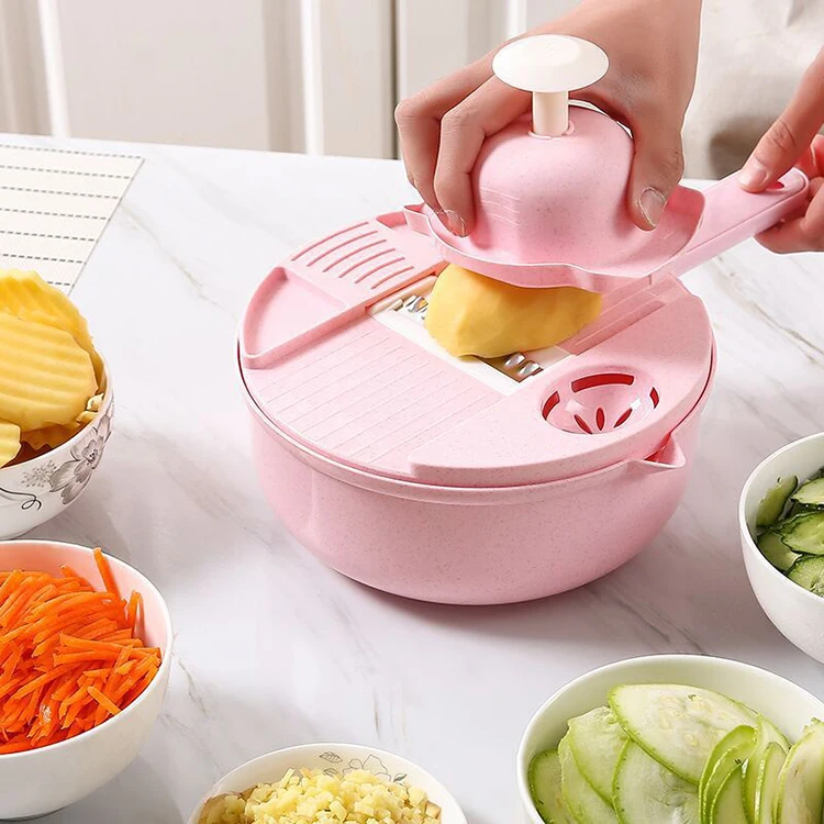 

12 in 1 Wheat Straw Innovation Multifunction High Capacity Vegetable Chopper Slicer Vegetable Cutter With Drain Basket, Green/sky blue/pink/blue/white